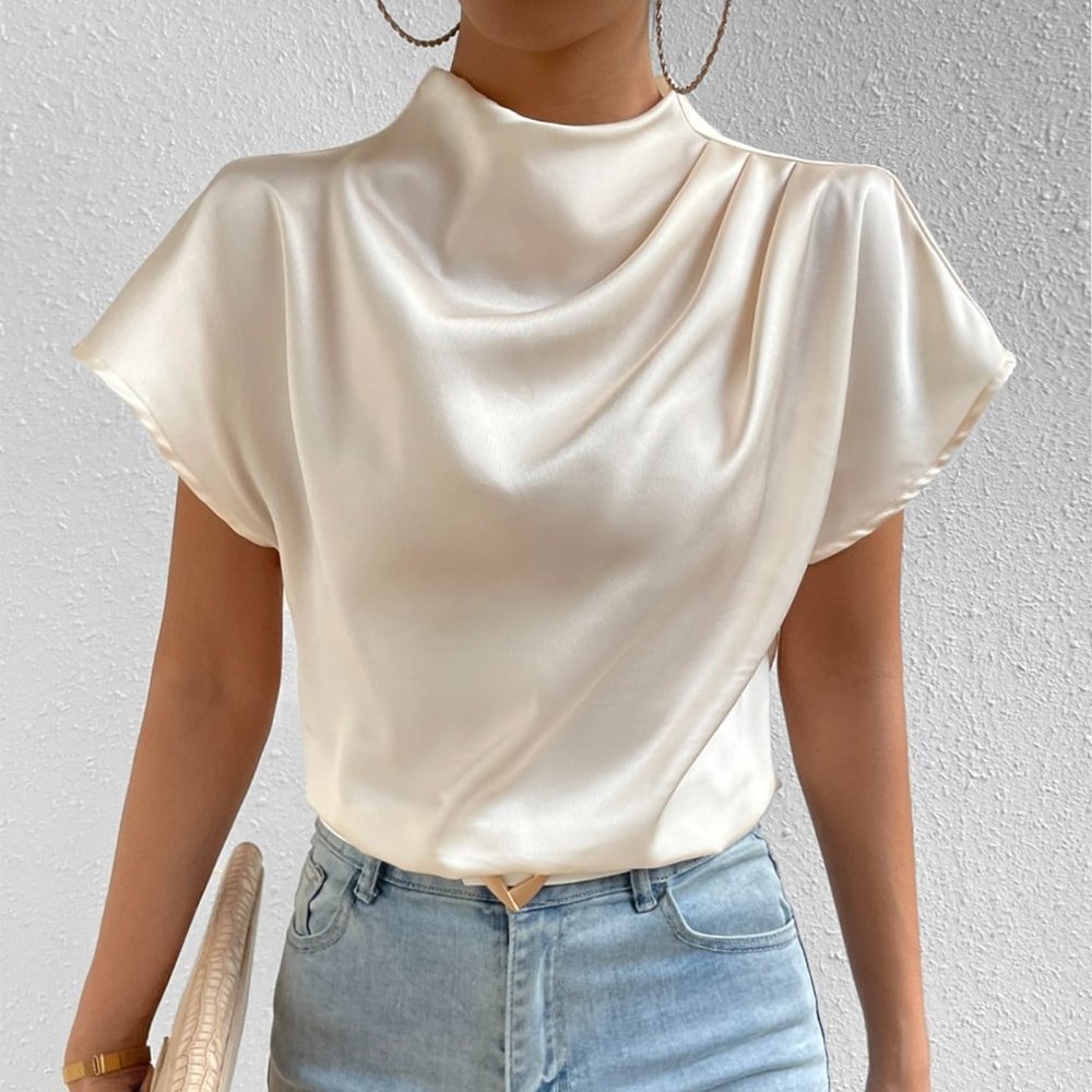 Apricot Casual Womens Mock Neck Batwing Sleeve Satin Blouse - Picture 3 of 5